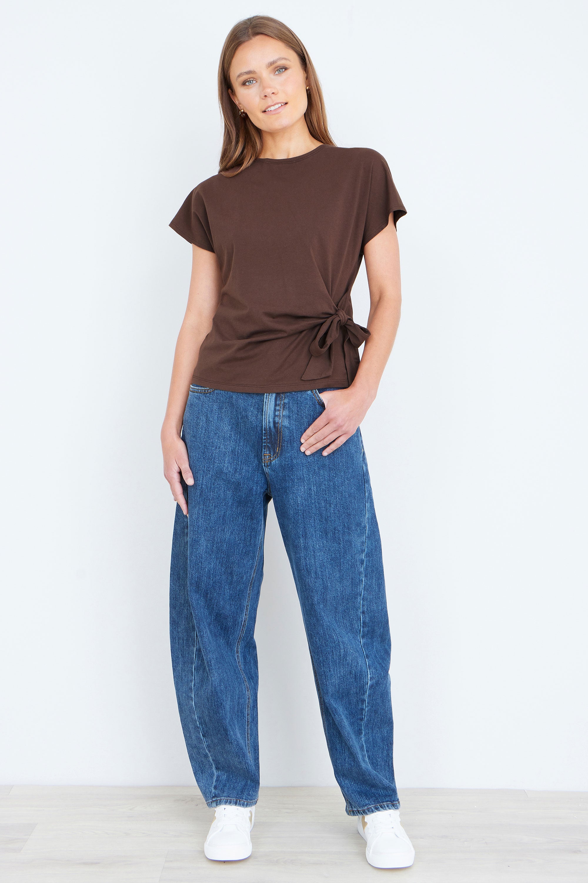 Yumi Brown Cotton Jersey Top With Knot Detail