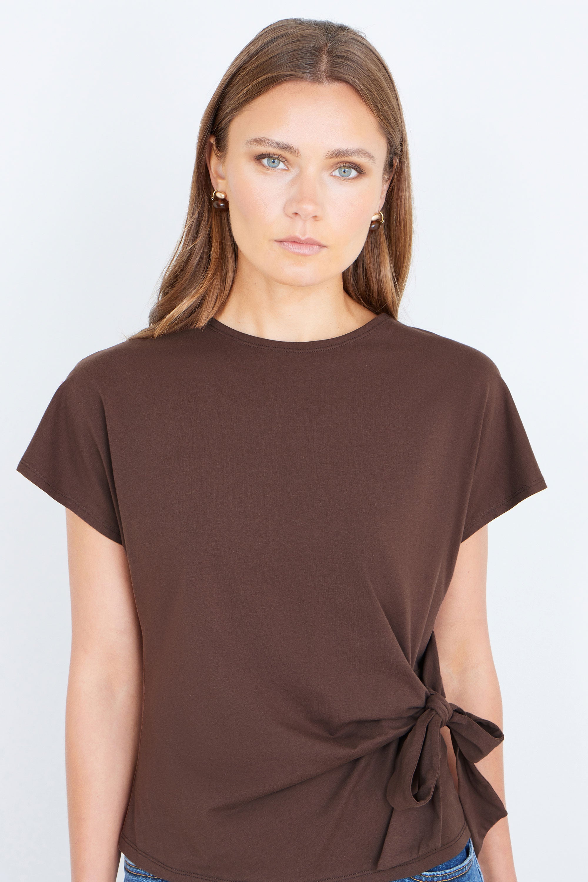 Yumi Brown Cotton Jersey Top With Knot Detail