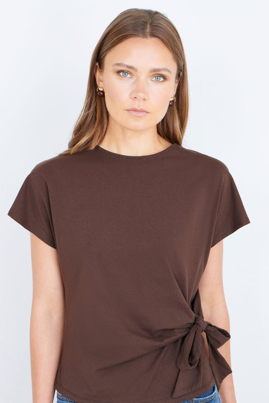 Yumi Brown Cotton Jersey Top With Knot Detail - QHA UK