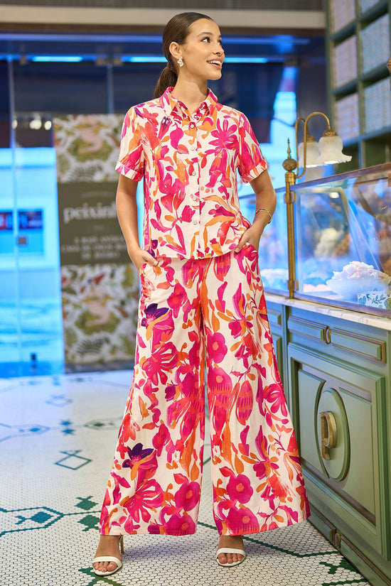 Yumi Pink Abstract Floral Wide Leg Trousers - QHA UK