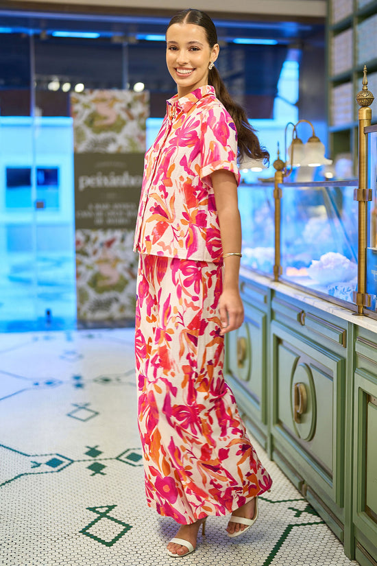 Yumi Pink Abstract Floral Wide Leg Trousers - QHA UK