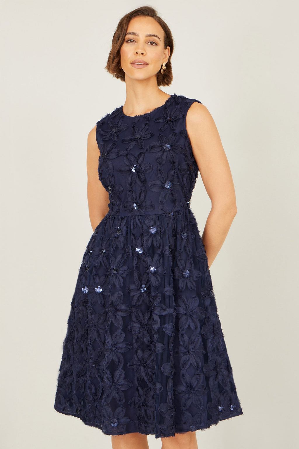 Yumi Navy Sequin Floral Applique Skater Dress - QHA UK