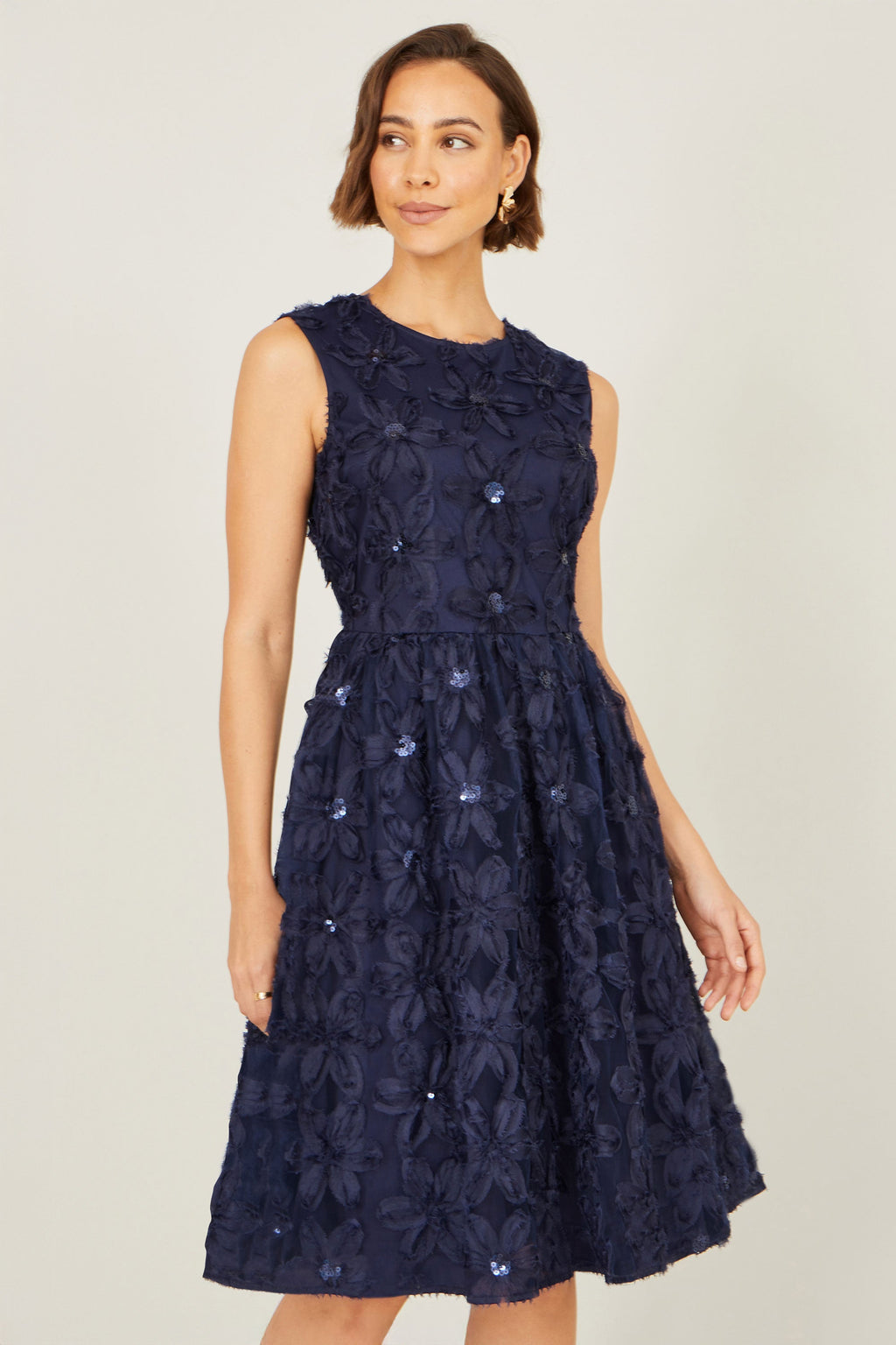 Yumi Navy Sequin Floral Applique Skater Dress - QHA UK