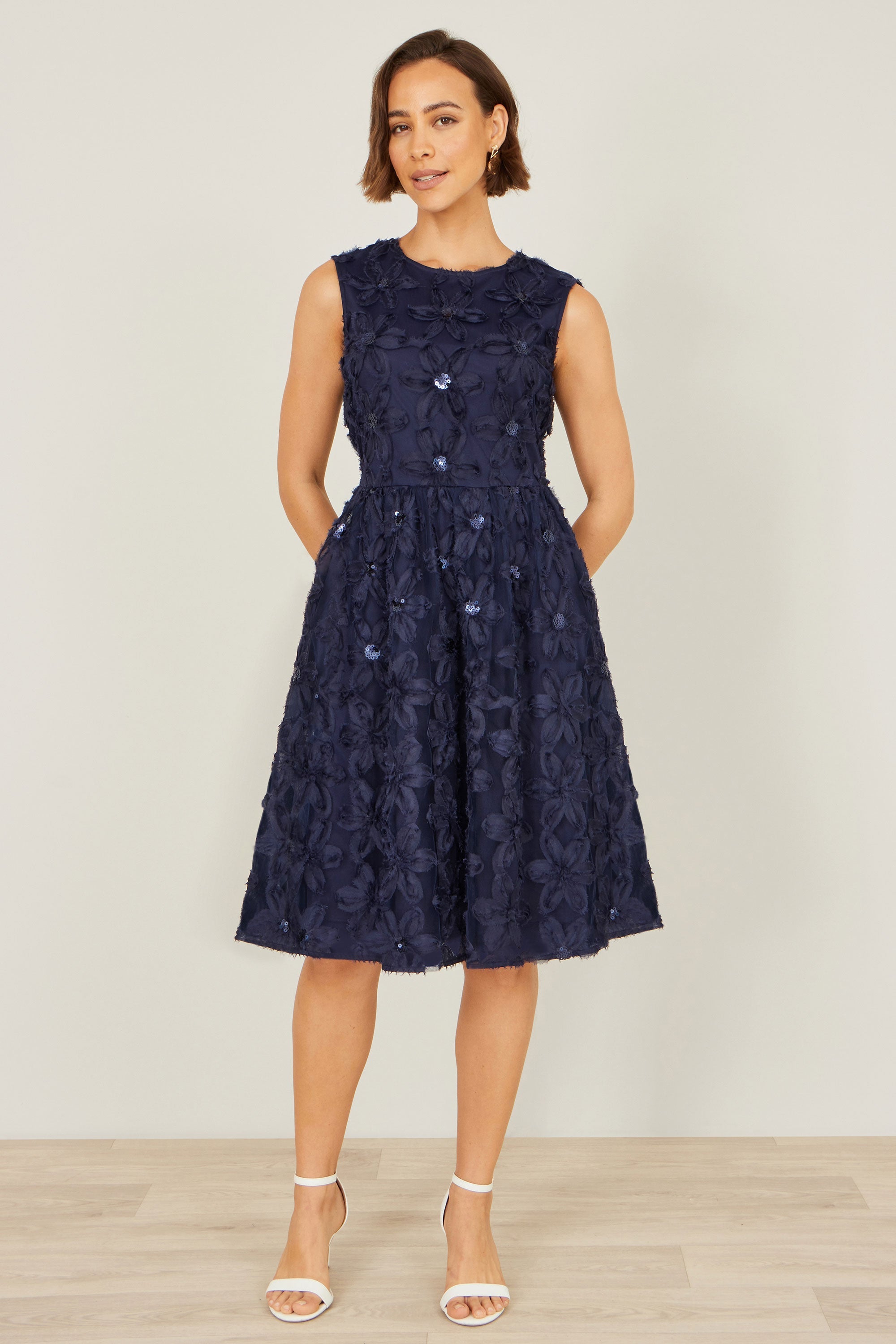Yumi Navy Sequin Floral Applique Skater Dress - QHA UK