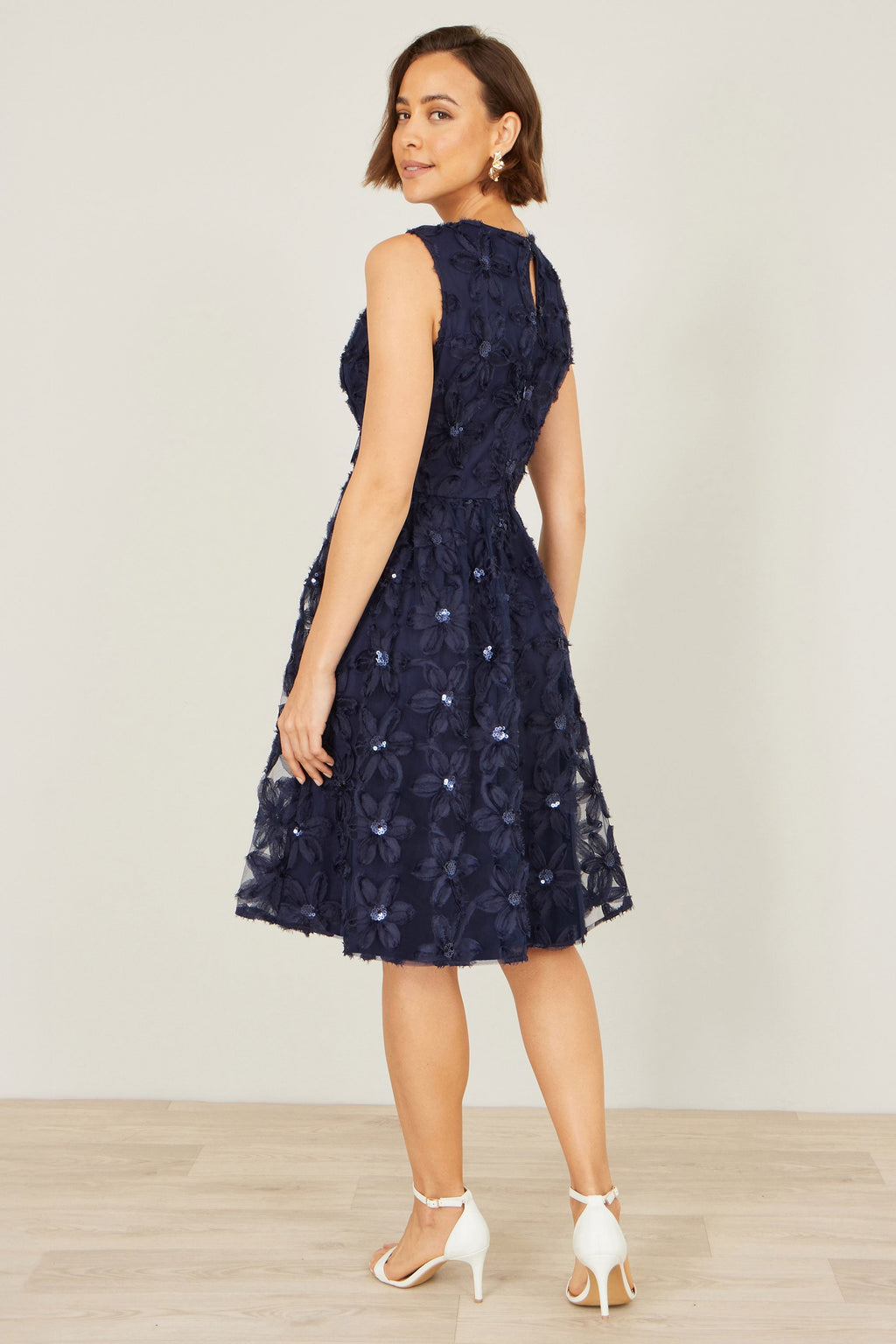 Yumi Navy Sequin Floral Applique Skater Dress - QHA UK