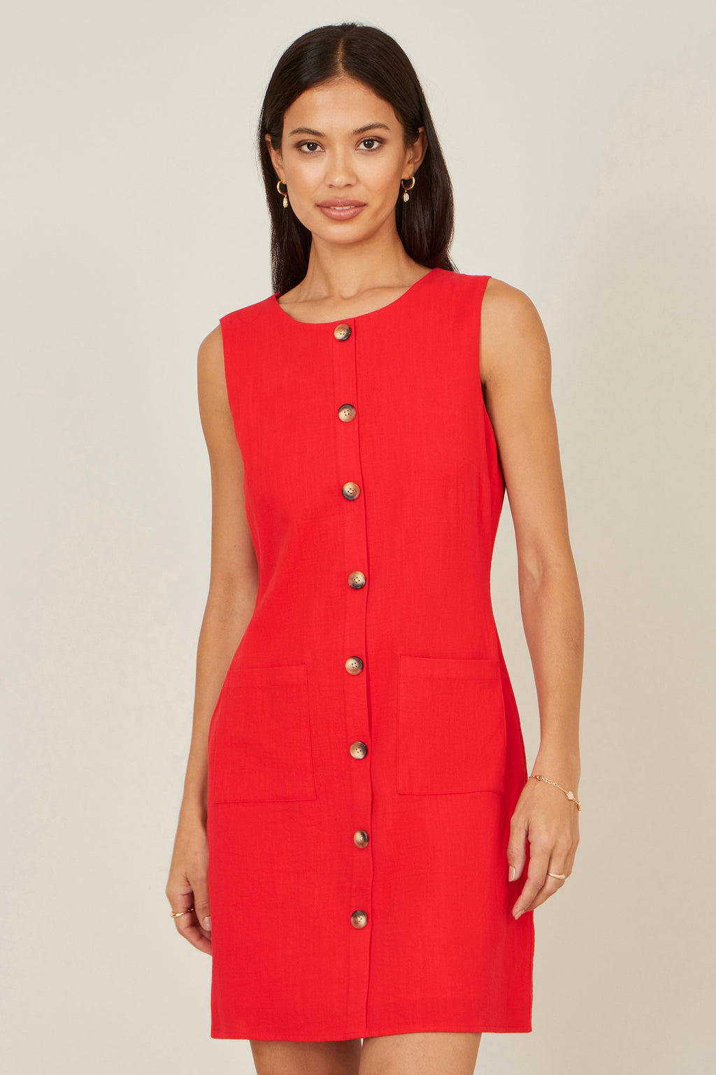 Yumi Red Viscose Button Detail Shift Dress