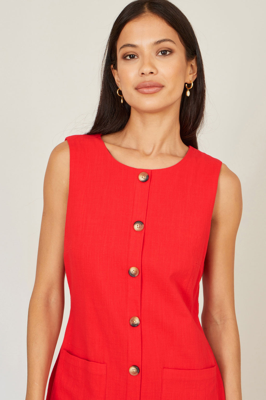 Yumi Red Viscose Button Detail Shift Dress