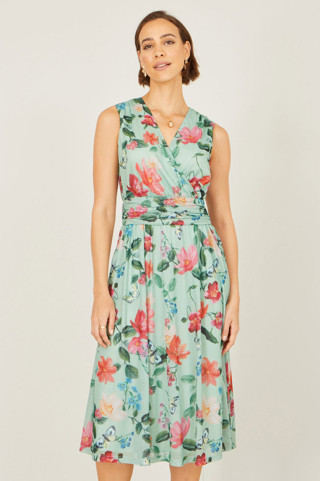 Yumi Mint Blurred Floral Mesh Wrap Midi Dress - QHA UK