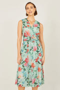 Yumi Mint Blurred Floral Mesh Wrap Midi Dress - QHA UK
