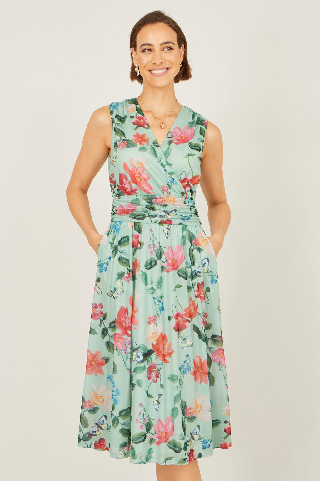 Yumi Mint Blurred Floral Mesh Wrap Midi Dress - QHA UK