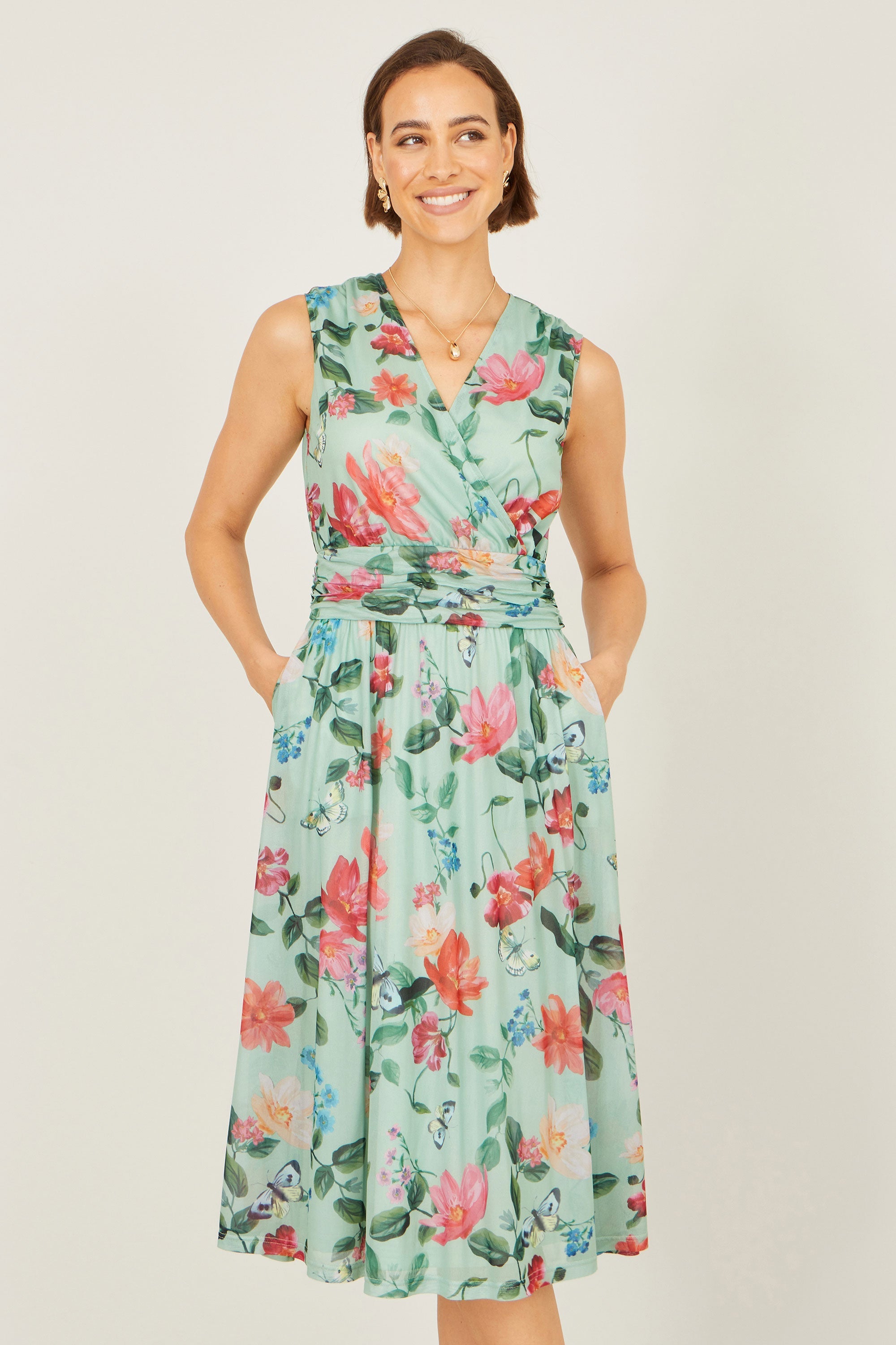 Yumi Mint Blurred Floral Mesh Wrap Midi Dress - QHA UK