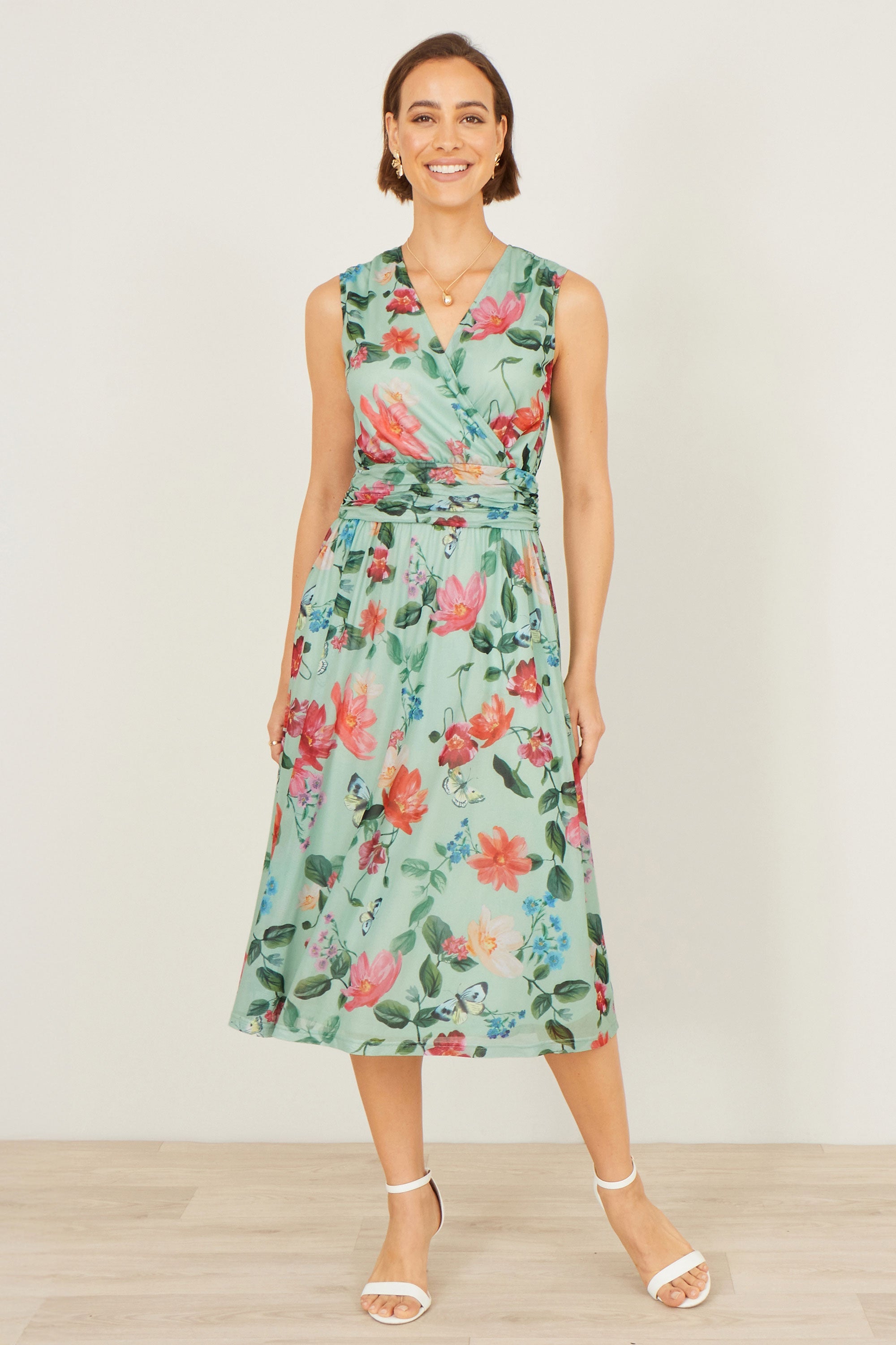 Yumi Mint Blurred Floral Mesh Wrap Midi Dress - QHA UK