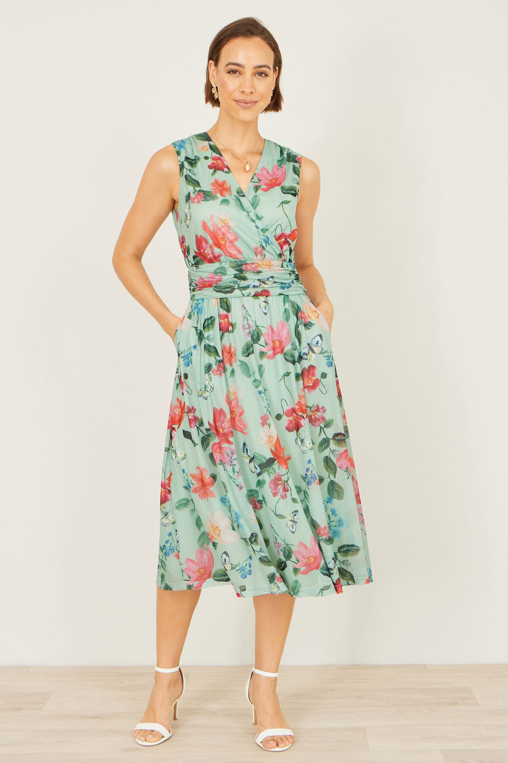Yumi Mint Blurred Floral Mesh Wrap Midi Dress - QHA UK