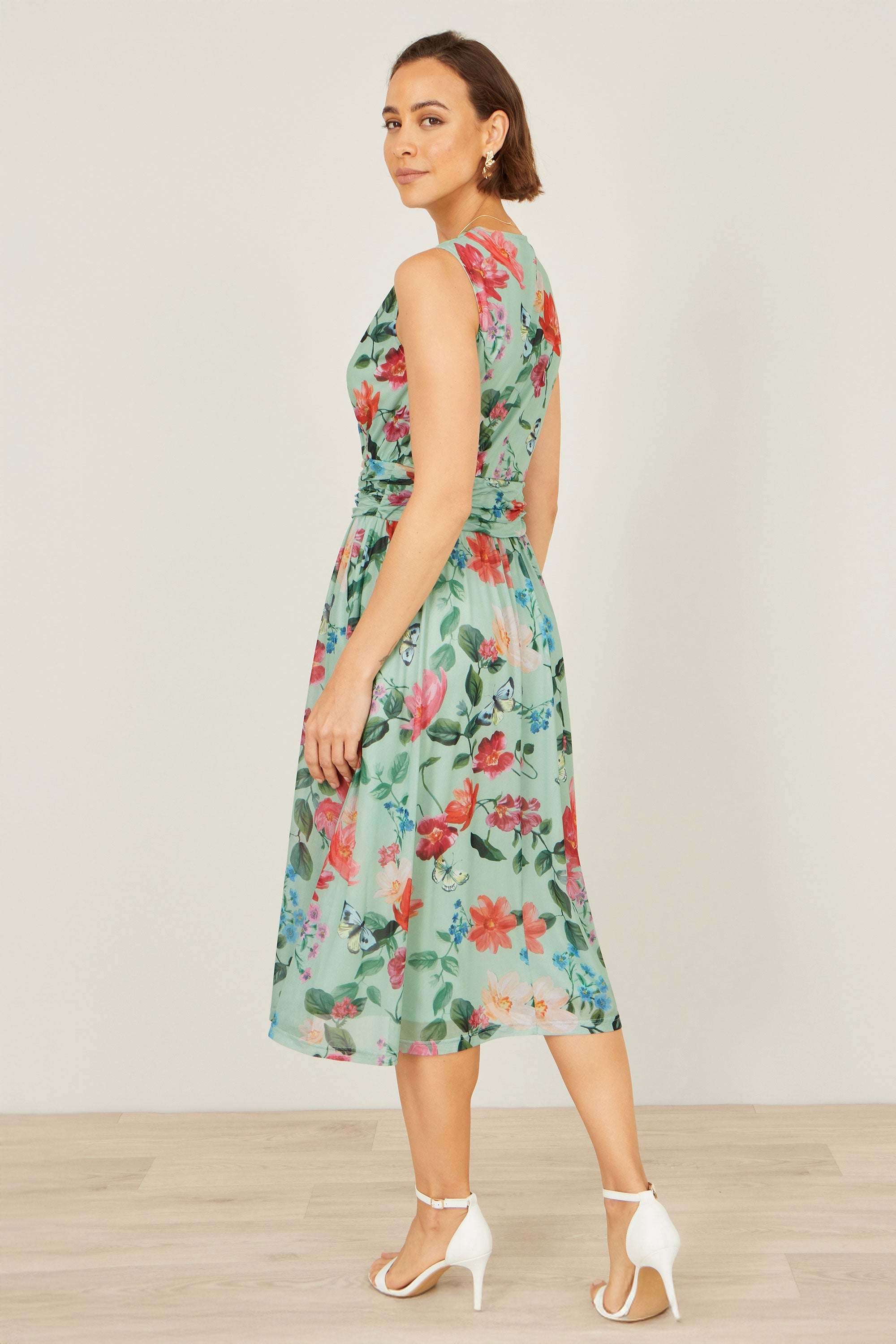 Yumi Mint Blurred Floral Mesh Wrap Midi Dress - QHA UK