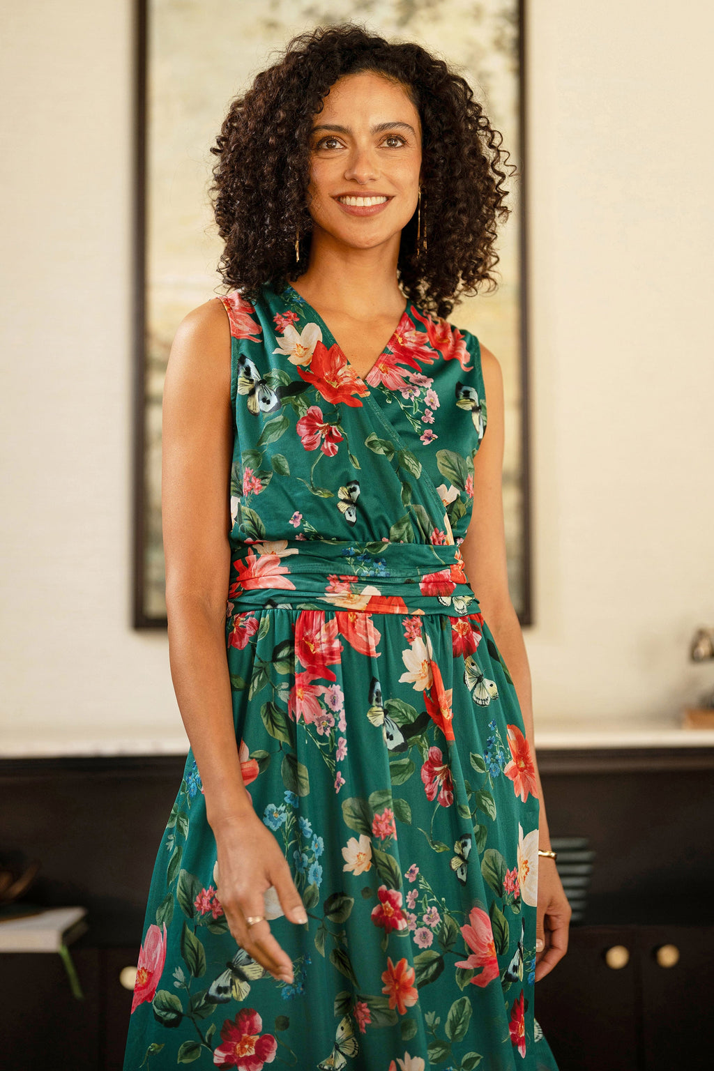 Yumi Green Blurred Floral Print Mesh Stretch Midi Dress With Pockets - QHA UK