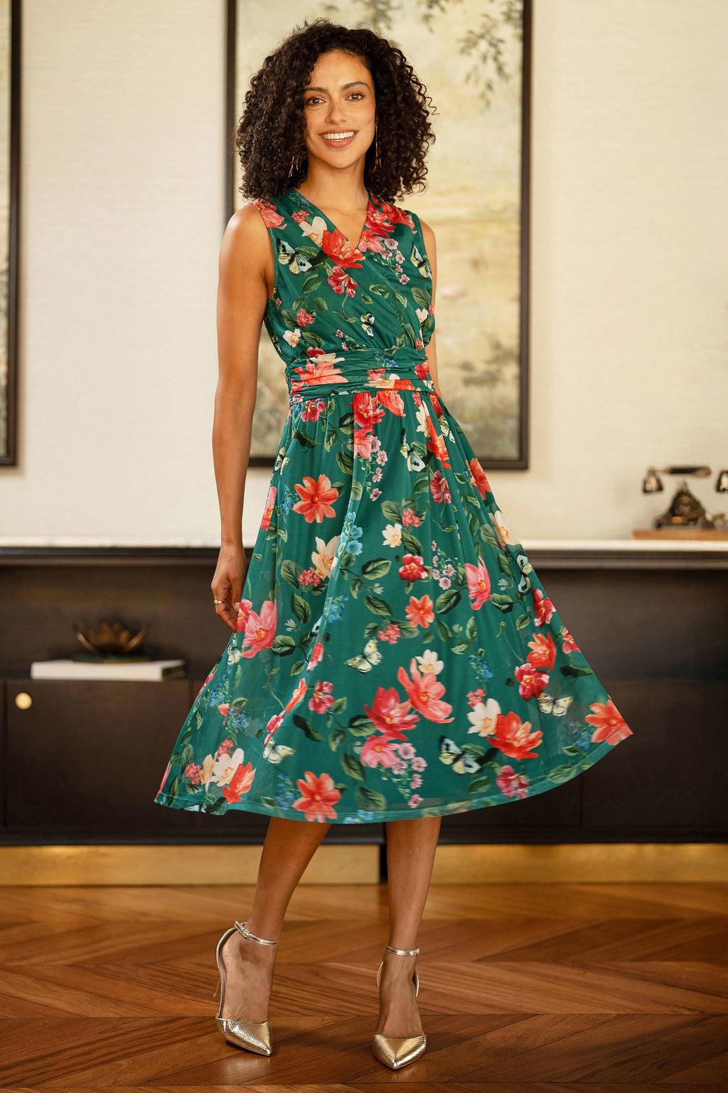 Yumi Green Blurred Floral Print Mesh Stretch Midi Dress With Pockets - QHA UK