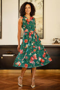 Yumi Green Blurred Floral Print Mesh Stretch Midi Dress With Pockets - QHA UK