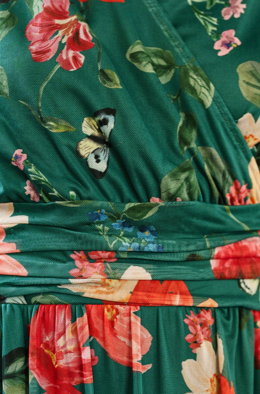 Yumi Green Blurred Floral Print Mesh Stretch Midi Dress With Pockets - QHA UK