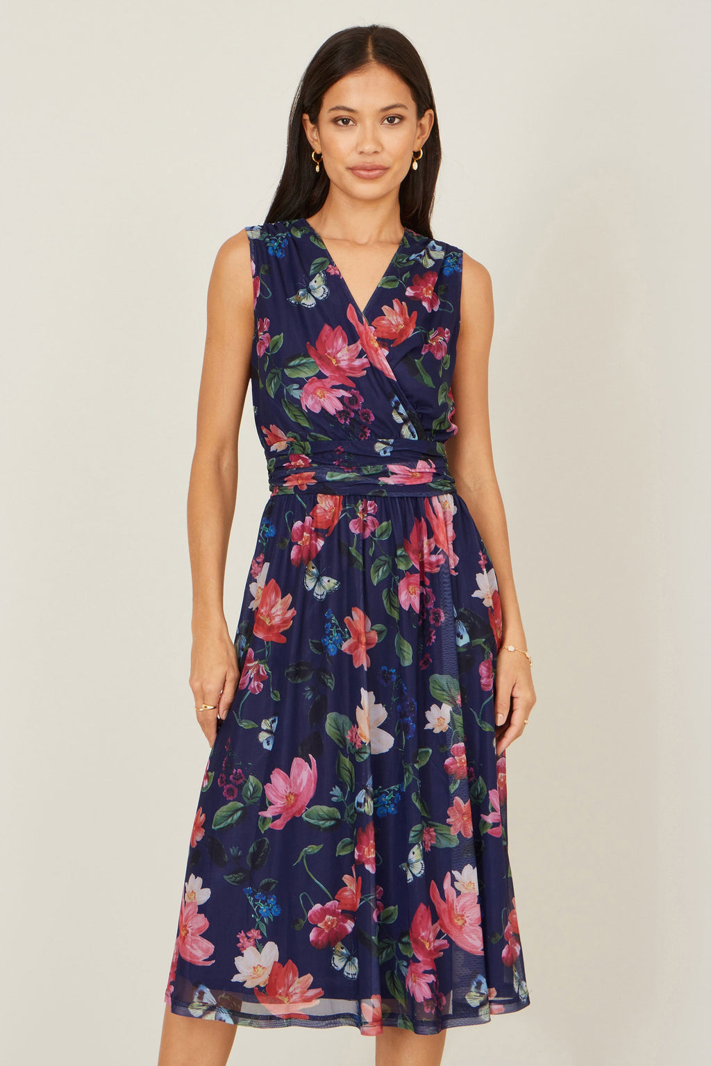 Yumi Navy Blurred Floral Print Mesh Stretch Midi Dress With Pockets - QHA UK