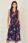Yumi Navy Blurred Floral Print Mesh Stretch Midi Dress With Pockets - QHA UK