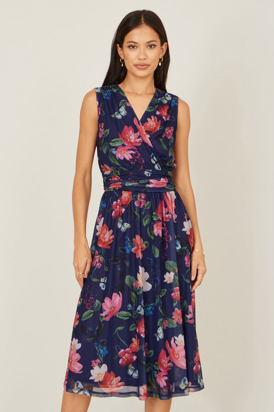 Yumi Navy Blurred Floral Print Mesh Stretch Midi Dress With Pockets - QHA UK