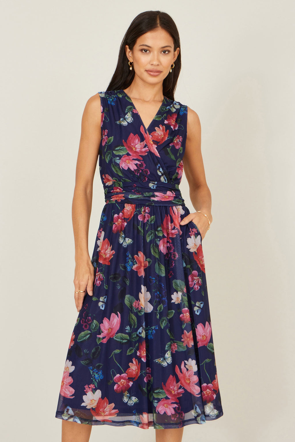 Yumi Navy Blurred Floral Print Mesh Stretch Midi Dress With Pockets - QHA UK