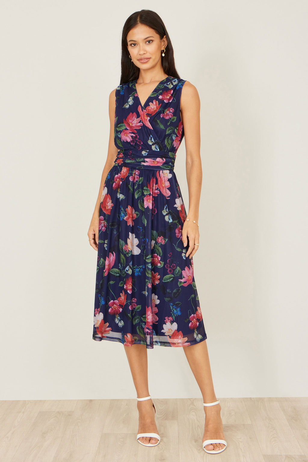Yumi Navy Blurred Floral Print Mesh Stretch Midi Dress With Pockets - QHA UK