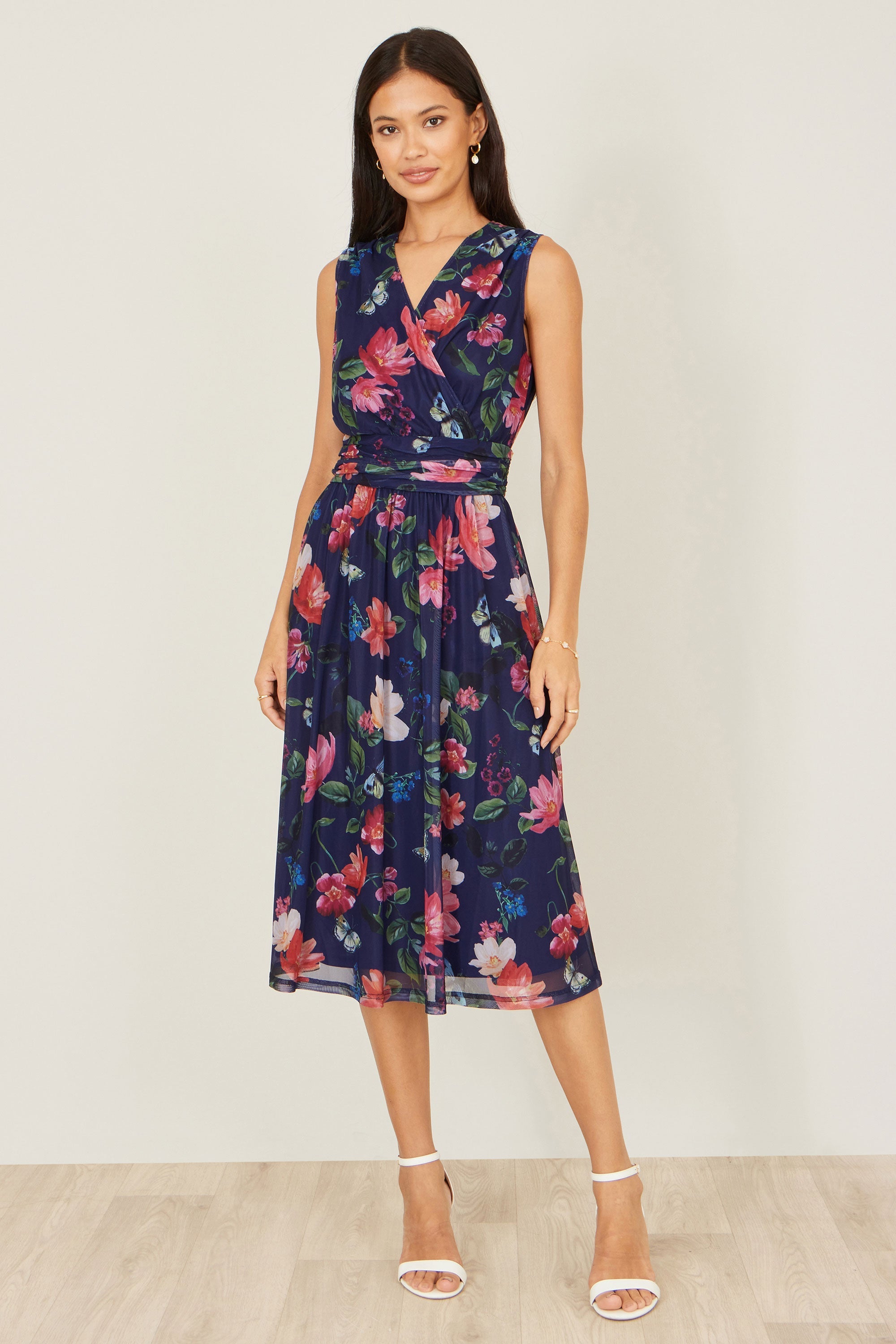 Yumi Navy Blurred Floral Print Mesh Stretch Midi Dress With Pockets - QHA UK