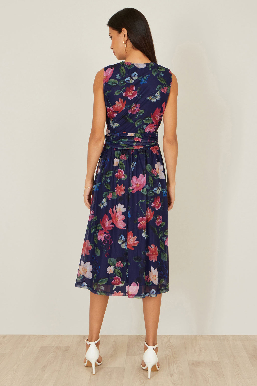 Yumi Navy Blurred Floral Print Mesh Stretch Midi Dress With Pockets - QHA UK