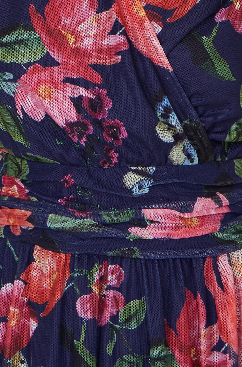 Yumi Navy Blurred Floral Print Mesh Stretch Midi Dress With Pockets - QHA UK