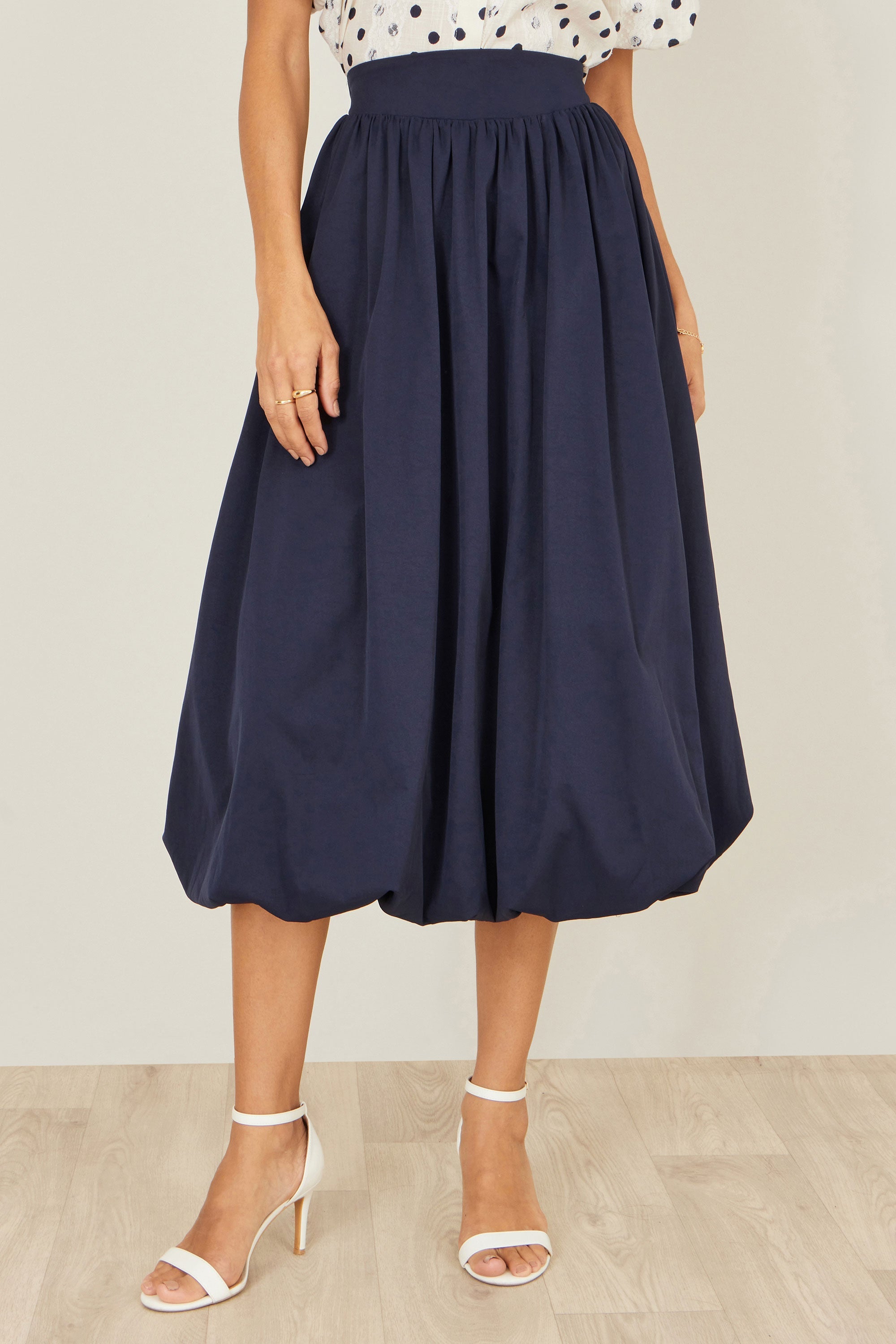 Yumi Navy Satin Bubble Hem Midi Skirt