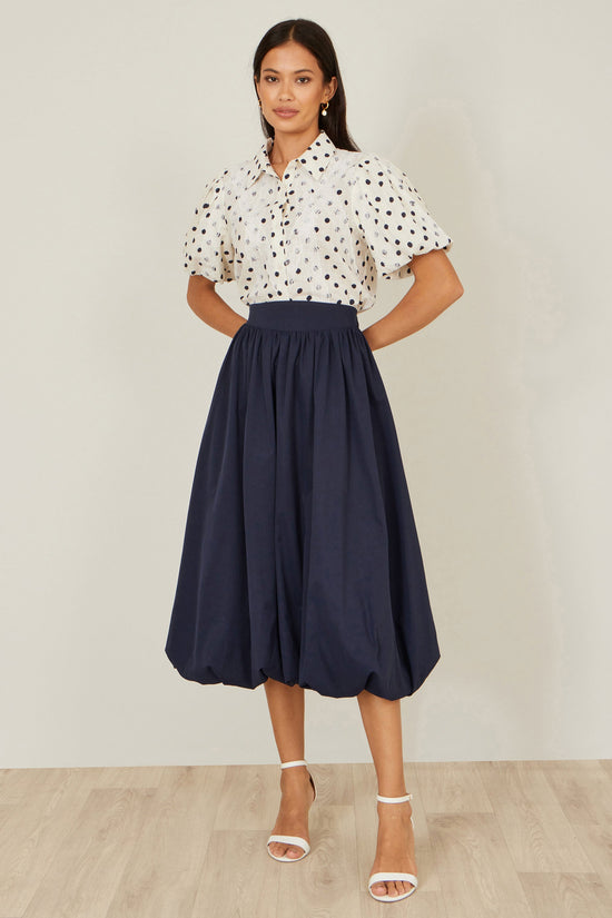 Yumi Navy Satin Bubble Hem Midi Skirt - QHA UK