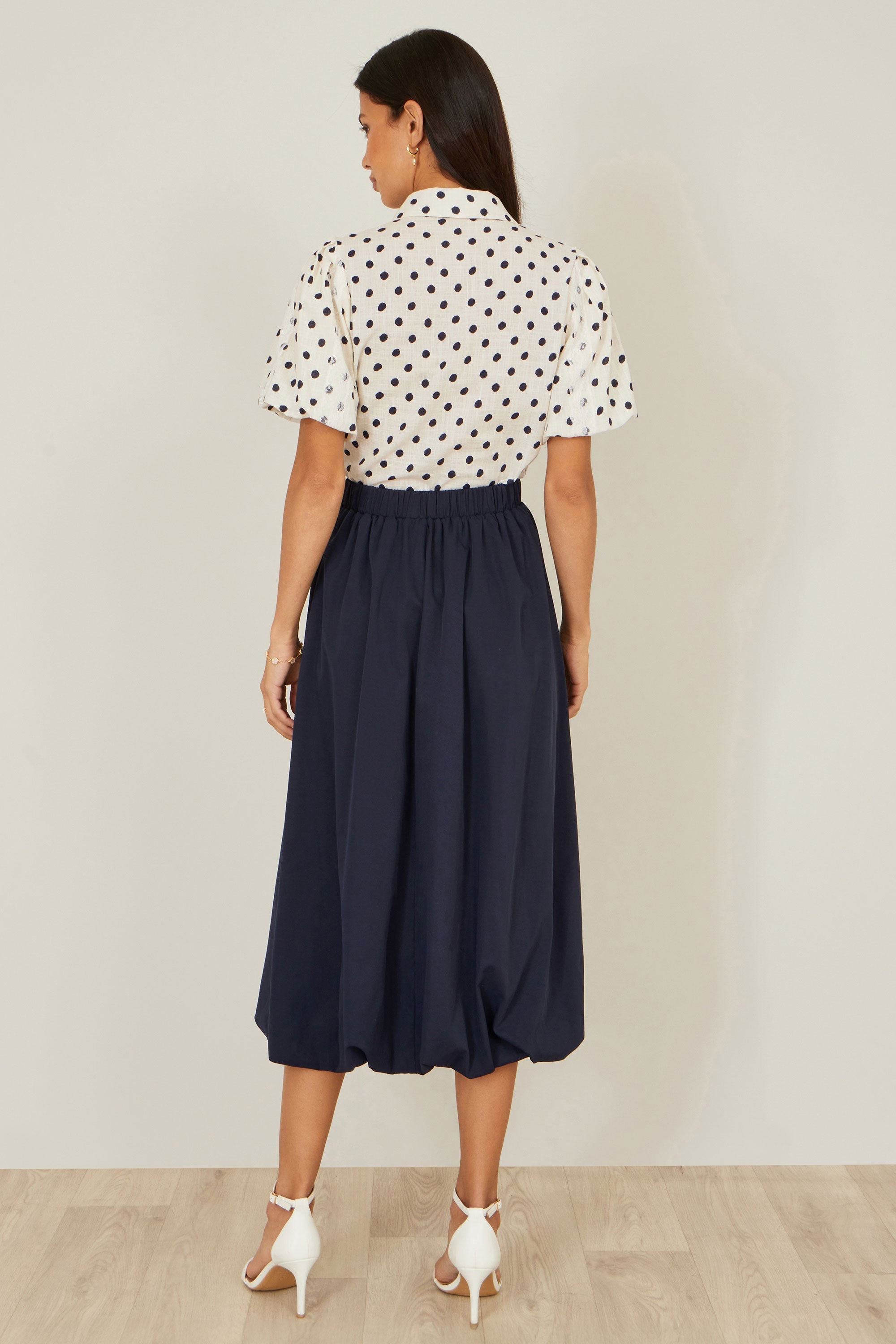 Yumi Navy Satin Bubble Hem Midi Skirt