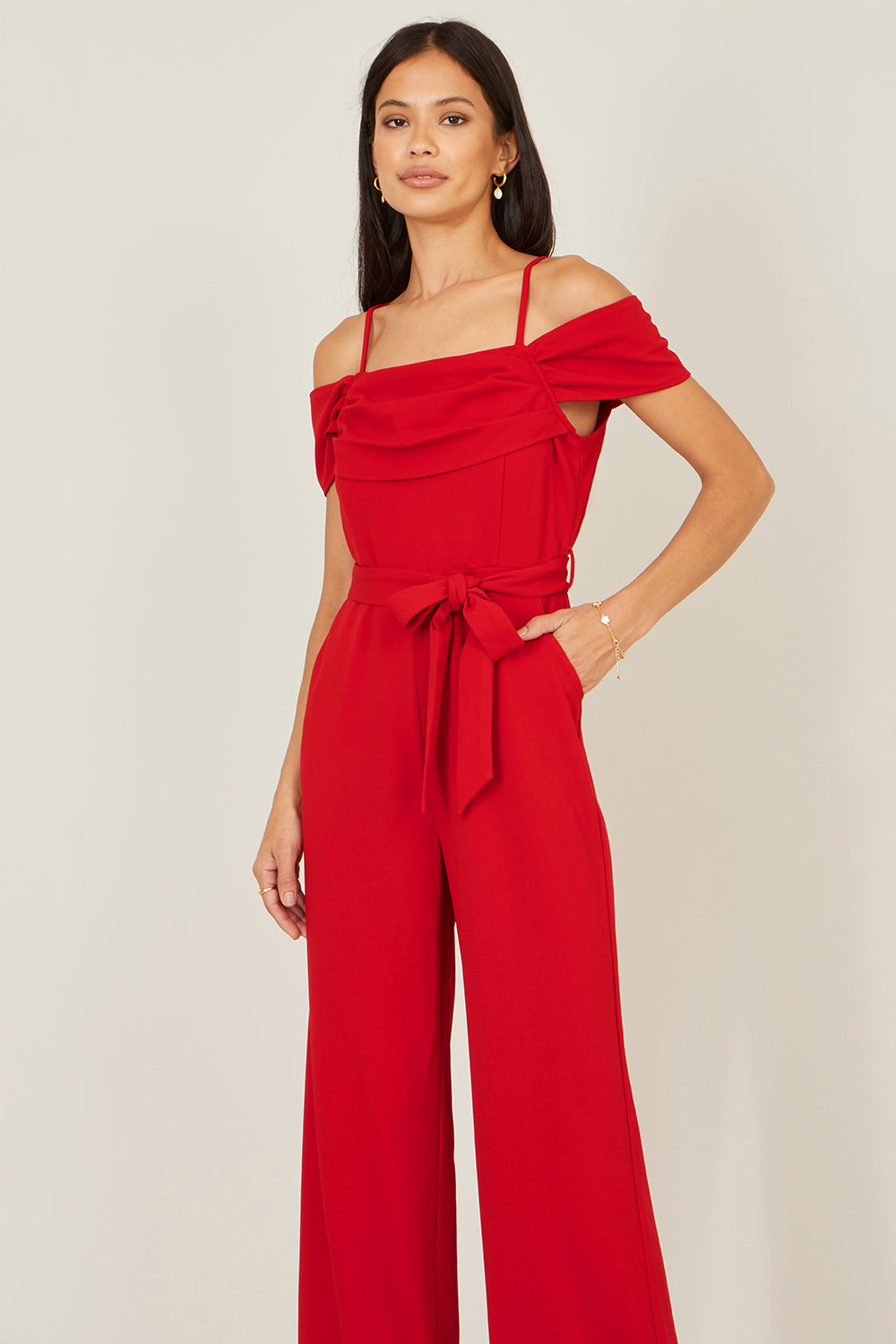 Yumi Red Stretch Bardot Jumpsuit - QHA UK