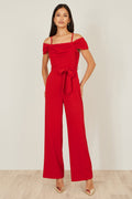 Yumi Red Stretch Bardot Jumpsuit - QHA UK