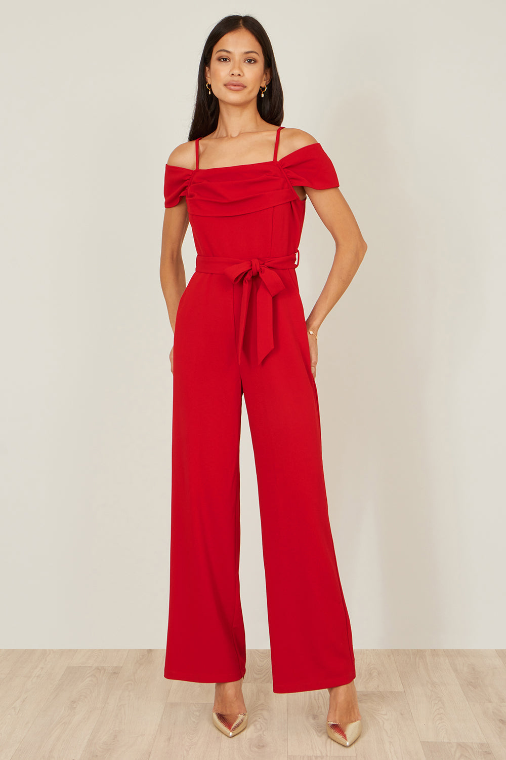 Yumi Red Stretch Bardot Jumpsuit - QHA UK