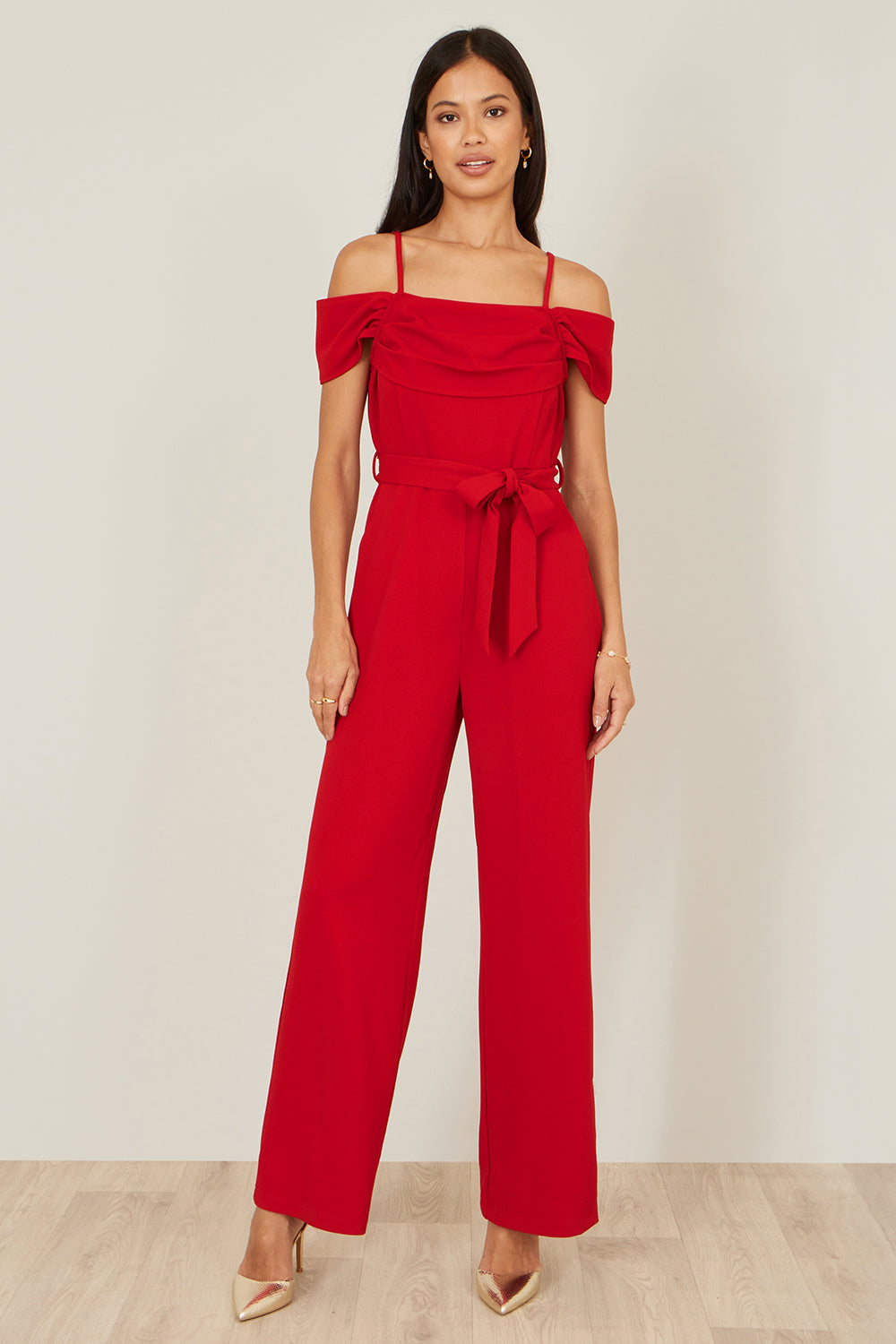 Yumi Red Stretch Bardot Jumpsuit - QHA UK