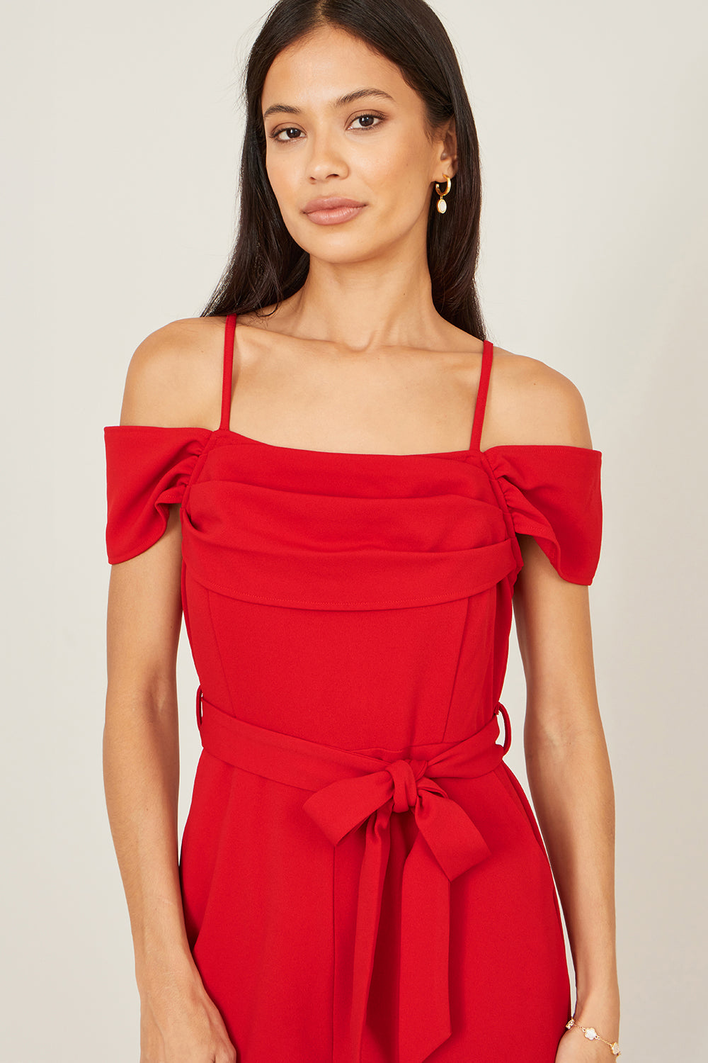 Yumi Red Stretch Bardot Jumpsuit - QHA UK