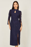 Yumi Navy Lace Fitted Midi Dress With Flute Sleeves - QHA UK