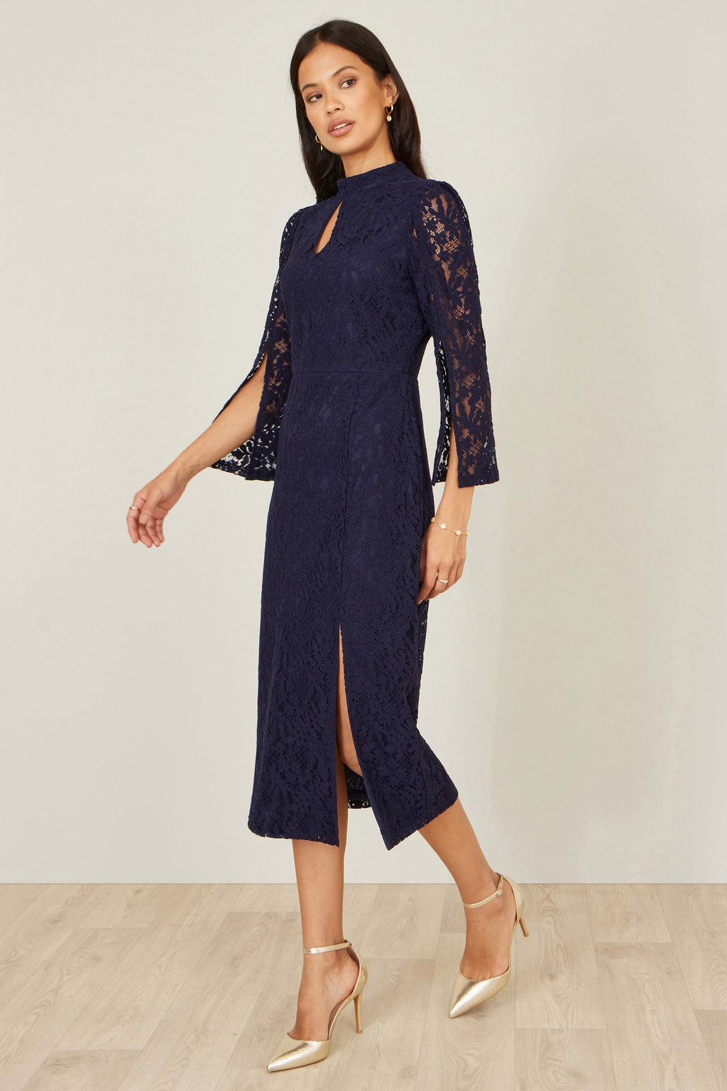 Yumi Navy Lace Fitted Midi Dress With Flute Sleeves - QHA UK