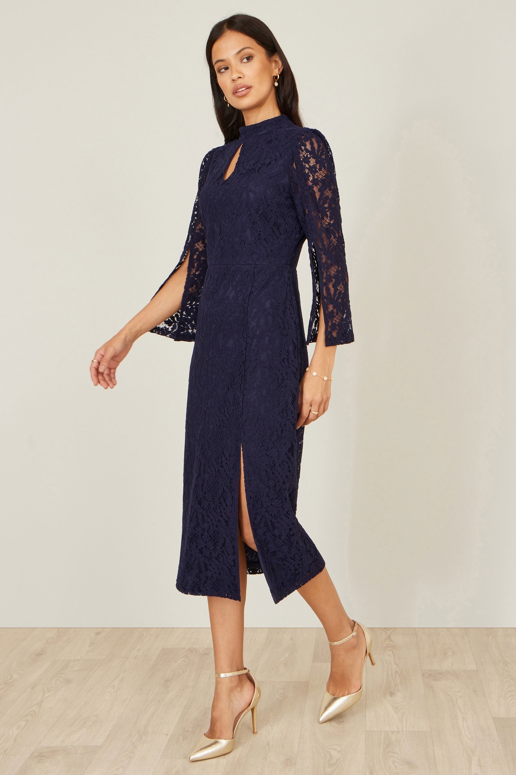 Yumi Navy Lace Fitted Midi Dress With Flute Sleeves - QHA UK