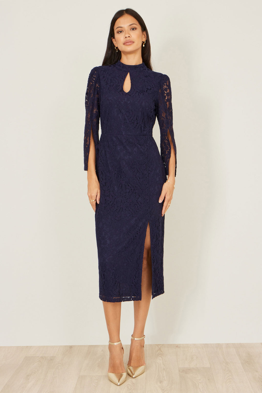 Yumi Navy Lace Fitted Midi Dress With Flute Sleeves - QHA UK
