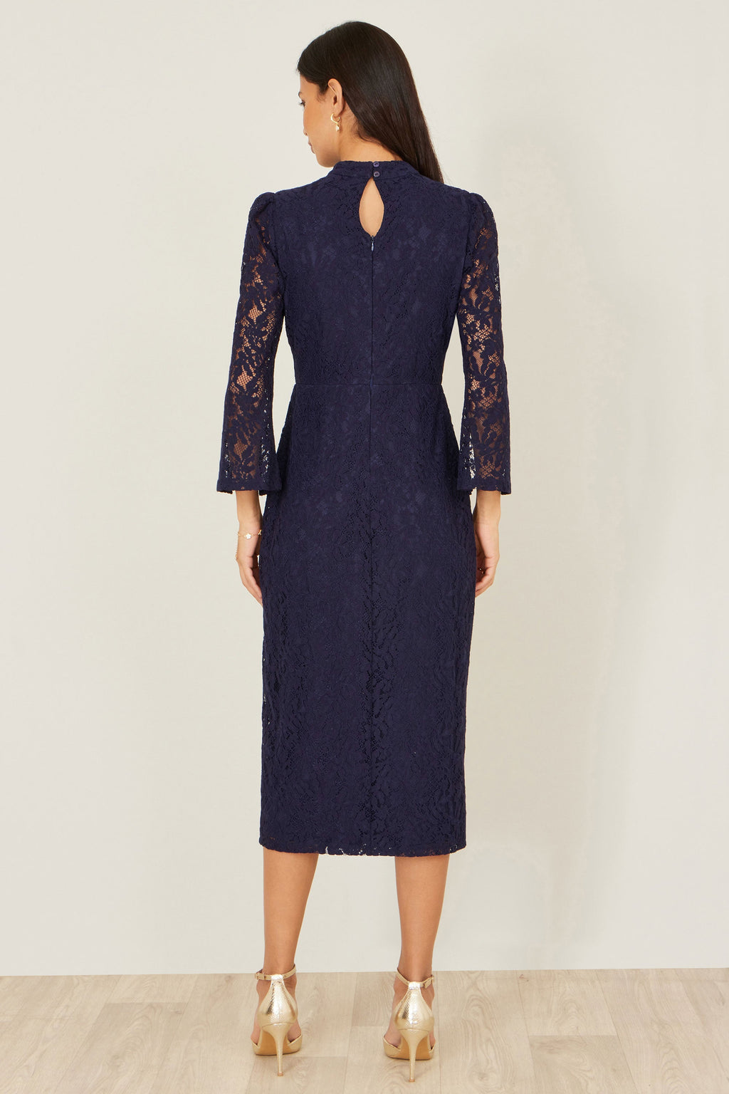 Yumi Navy Lace Fitted Midi Dress With Flute Sleeves - QHA UK