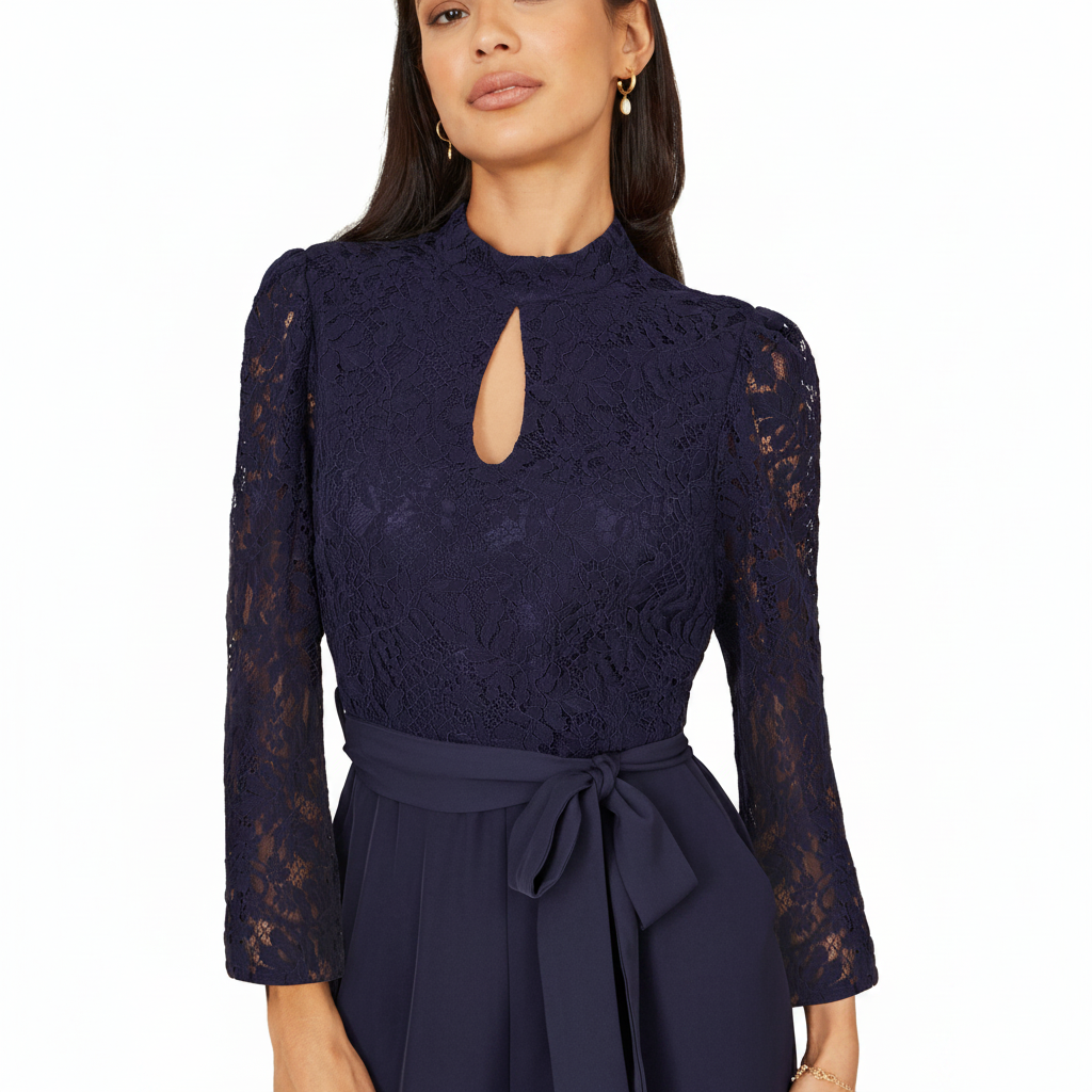 Yumi Womens Navy Lace Applique Jumpsuit Wide Leg Pockets UK 6–18