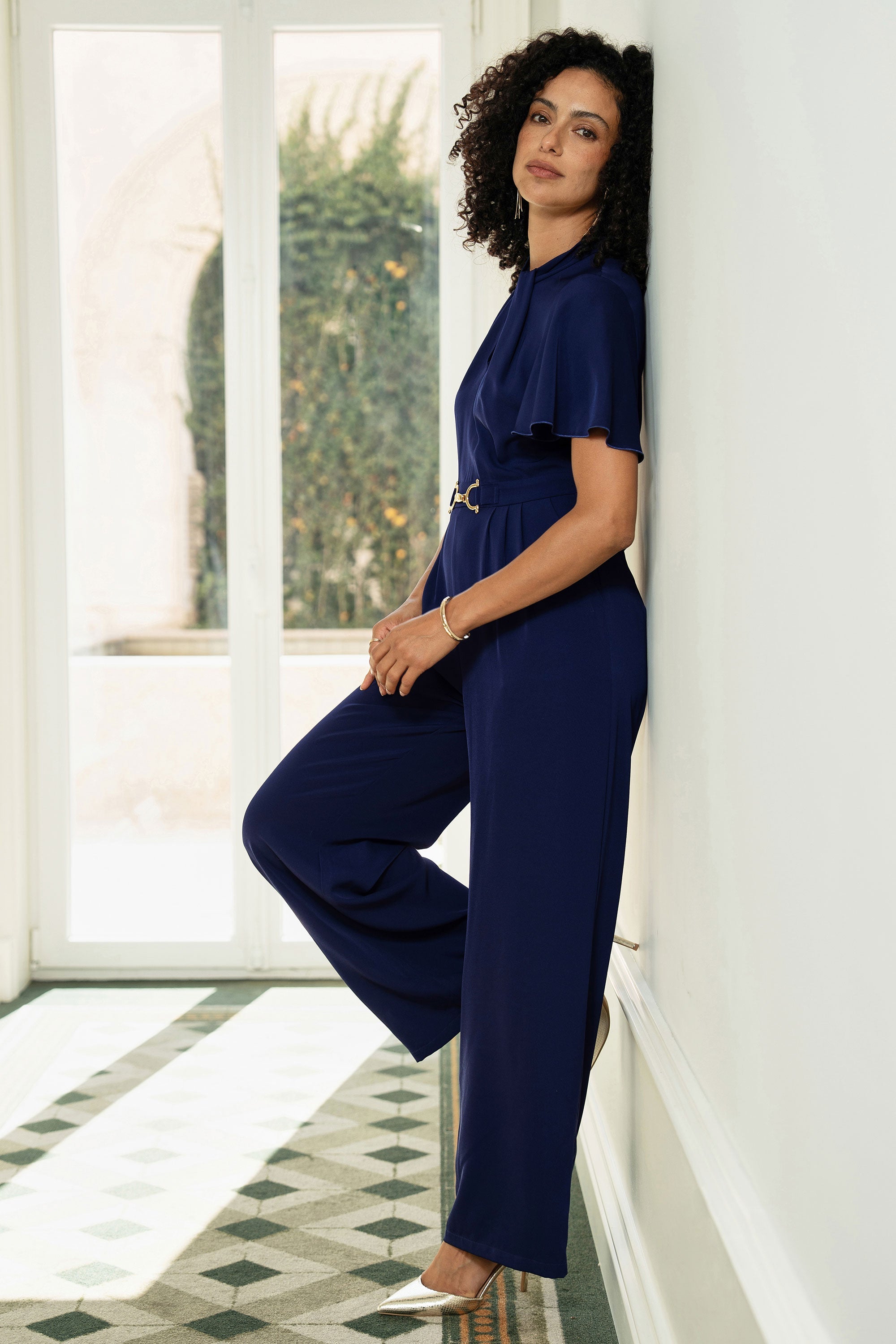 Yumi Navy Buckle Jumpsuit With Twist Knot Detail - QHA UK