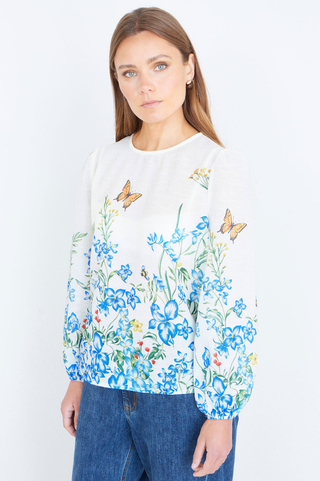 Yumi Ivory Butterfly Print Long Sleeve Top