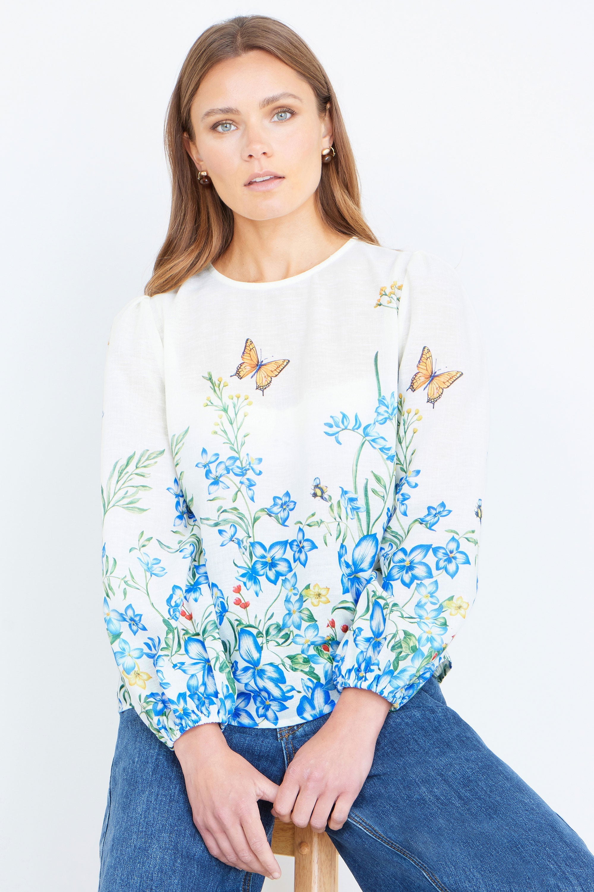Yumi Ivory Butterfly Print Long Sleeve Top