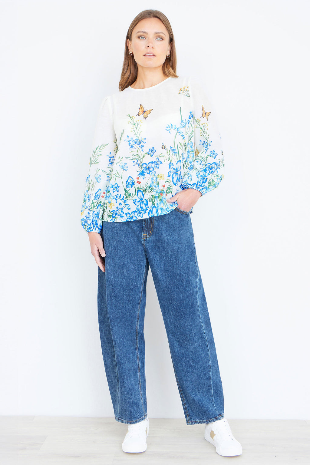 Yumi Ivory Butterfly Print Long Sleeve Top