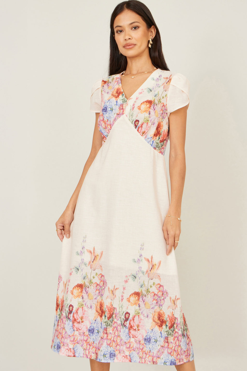 Yumi Pink Border Floral Midi Dress - QHA UK