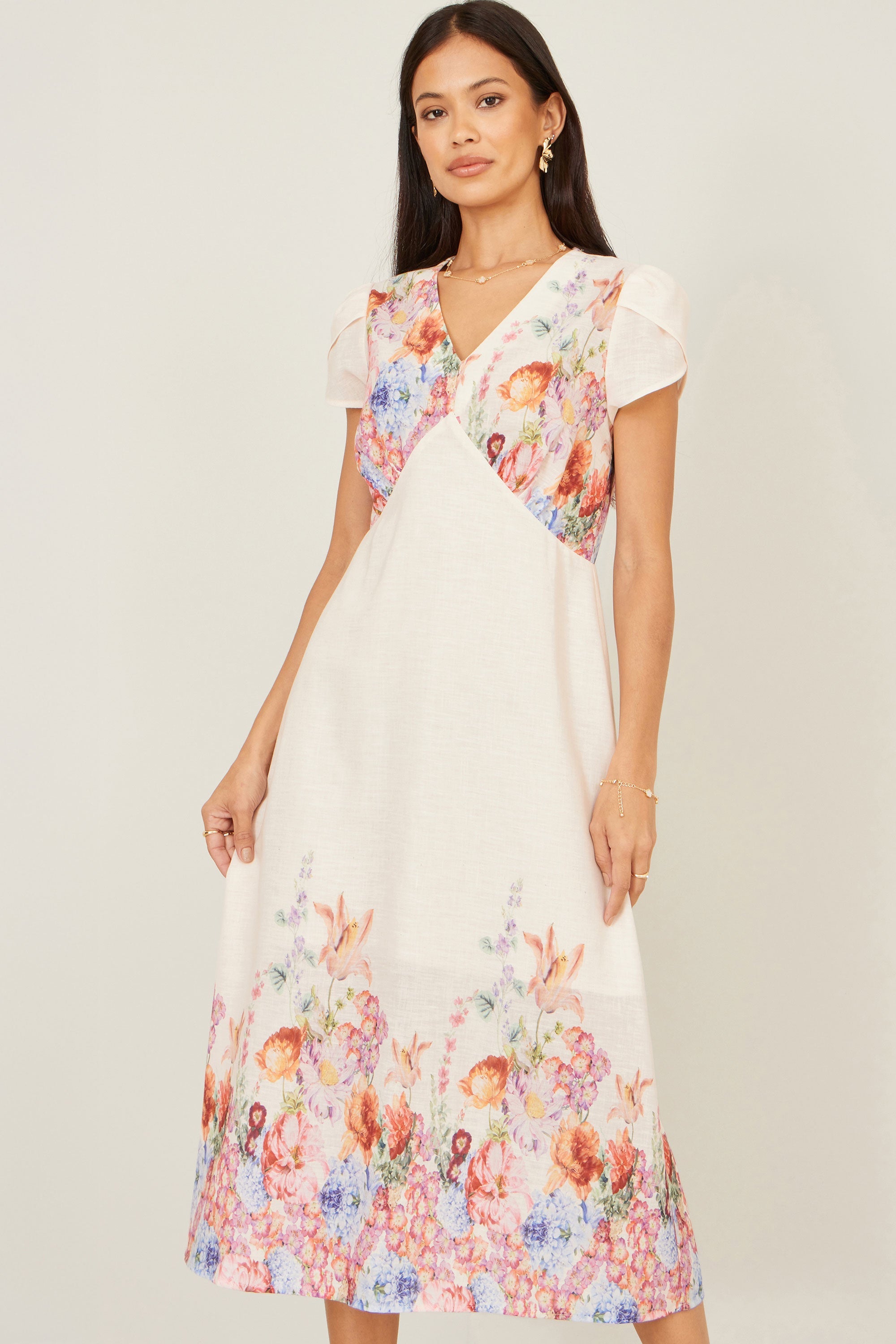 Yumi Pink Border Floral Midi Dress - QHA UK
